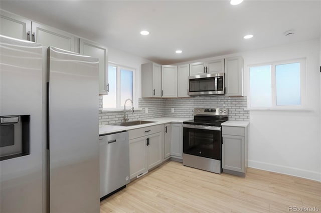 kitchen with sink, gray cabinets, light wood-type flooring, tasteful backsplash, and stainless steel appliances