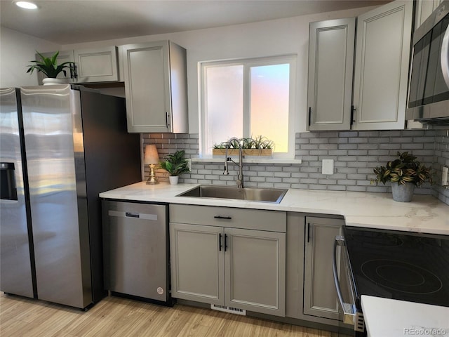 kitchen with gray cabinetry, backsplash, sink, light hardwood / wood-style floors, and stainless steel appliances