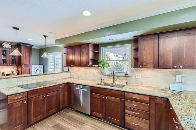 kitchen featuring crown molding, open shelves, a sink, dishwasher, and black electric cooktop