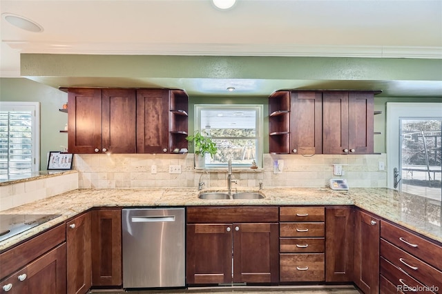 kitchen featuring stainless steel dishwasher, open shelves, and a sink