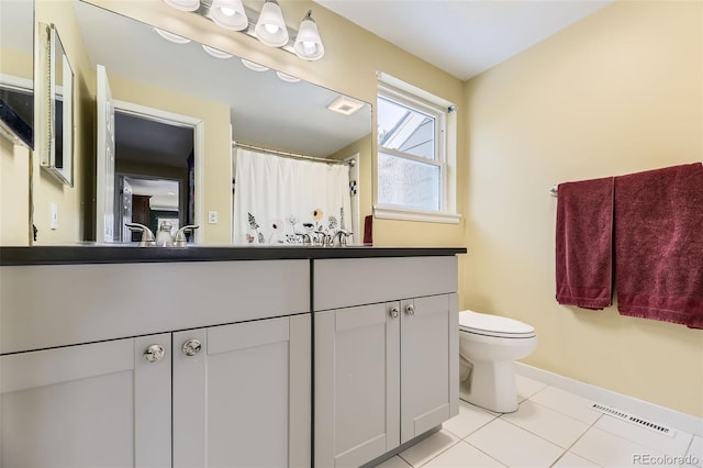 bathroom featuring toilet, vanity, visible vents, and tile patterned floors