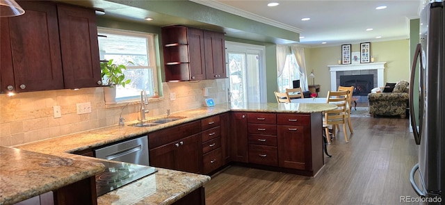 kitchen with dark wood finished floors, appliances with stainless steel finishes, ornamental molding, a sink, and a peninsula