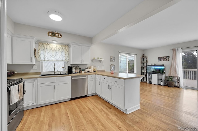 kitchen featuring sink, light hardwood / wood-style flooring, appliances with stainless steel finishes, white cabinetry, and kitchen peninsula