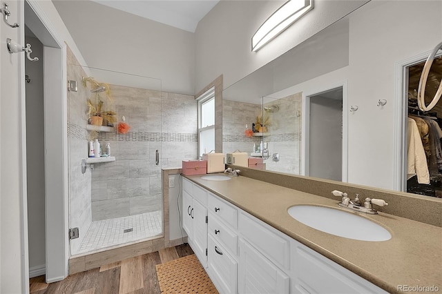 bathroom with vanity, hardwood / wood-style floors, and an enclosed shower