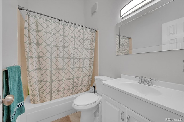 full bathroom with shower / tub combo, vanity, tile patterned floors, and toilet