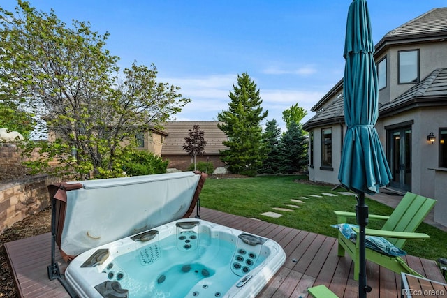 5810 Amber Ridge Dr, Castle Pines, CO 80108 - wooden terrace with a covered hot tub, a yard, and french doors