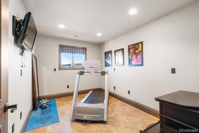 5810 Amber Ridge Dr, Castle Pines, CO 80108 - workout room featuring recessed lighting, baseboards, and light tile patterned floors