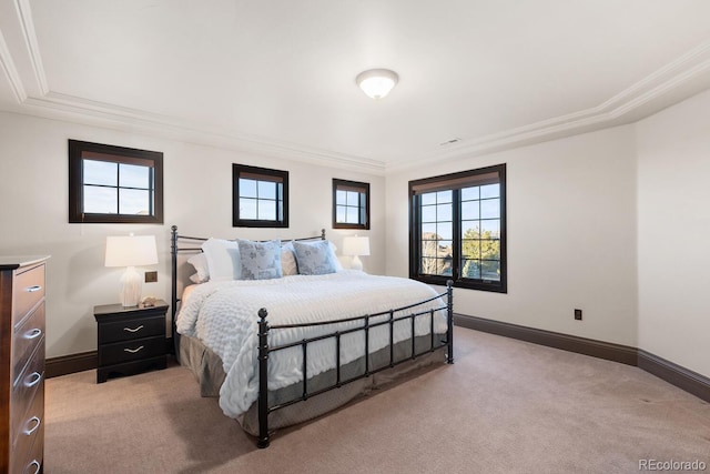 5810 Amber Ridge Dr, Castle Pines, CO 80108 - bedroom with light colored carpet, crown molding, baseboards, and a tray ceiling