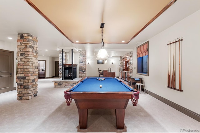 5810 Amber Ridge Dr, Castle Pines, CO 80108 - game room featuring carpet floors, decorative columns, billiards, recessed lighting, and baseboards