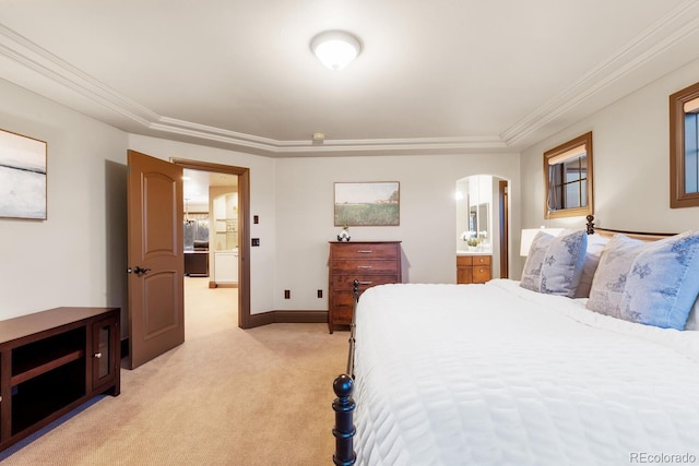 5810 Amber Ridge Dr, Castle Pines, CO 80108 - bedroom featuring light carpet, crown molding, arched walkways, ensuite bath, and baseboards