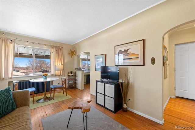 living room featuring a textured ceiling and hardwood / wood-style floors