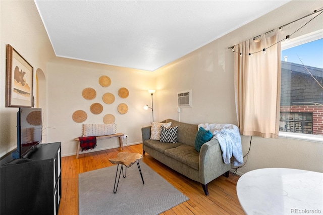 living room with wood-type flooring and a wall mounted AC