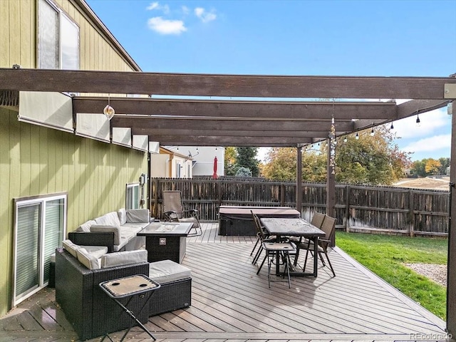 wooden deck with an outdoor living space with a fire pit, outdoor dining space, a fenced backyard, and a pergola