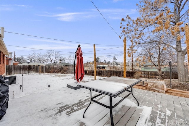 snowy yard with a fenced backyard