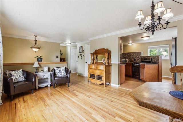 11855 Humboldt Dr, Northglenn, CO 80233 - living area with light wood-style floors, ornamental molding, and a chandelier