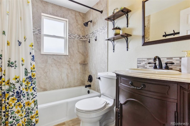 11855 Humboldt Dr, Northglenn, CO 80233 - bathroom featuring shower / bath combination with curtain, vanity, and tasteful backsplash