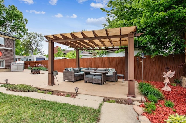 11855 Humboldt Dr, Northglenn, CO 80233 - fenced backyard with an outdoor living space with a fire pit, a pergola, and a patio