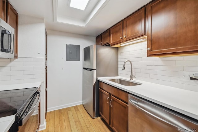 8335 Fairmount Dr Unit 9-201, Denver, CO 80247 - kitchen featuring appliances with stainless steel finishes, a sink, light wood-style flooring, backsplash, and electric panel