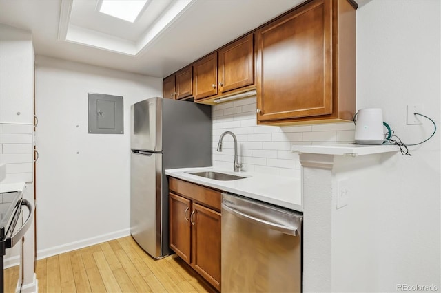 8335 Fairmount Dr Unit 9-201, Denver, CO 80247 - kitchen with appliances with stainless steel finishes, electric panel, a sink, decorative backsplash, and light wood finished floors