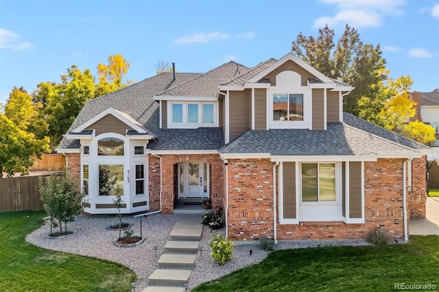 view of front of home featuring a shingled roof, a front yard, brick siding, and fence