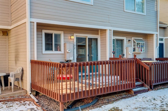 view of snow covered deck