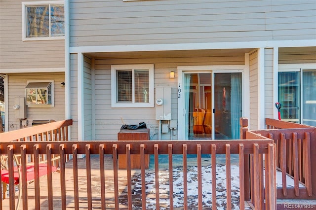 view of snow covered deck