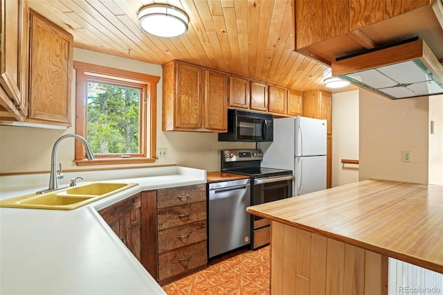 109 Cutforth Rd, Black Hawk, CO 80422 - kitchen featuring stainless steel appliances, wooden ceiling, brown cabinets, and butcher block counters