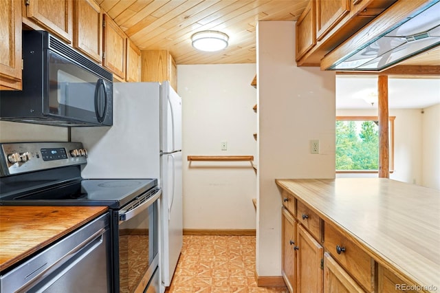109 Cutforth Rd, Black Hawk, CO 80422 - kitchen with appliances with stainless steel finishes, butcher block counters, brown cabinetry, and wooden ceiling