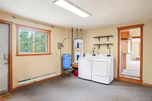 109 Cutforth Rd, Black Hawk, CO 80422 - washroom with a baseboard heating unit, water heater, washer and clothes dryer, and carpet floors