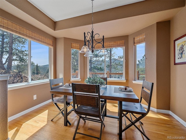 3173 Gold Yarrow Ln, Evergreen, CO 80439 - dining room with light wood-style floors, baseboards, and a notable chandelier