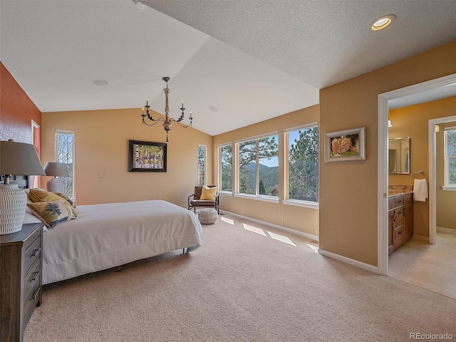 3173 Gold Yarrow Ln, Evergreen, CO 80439 - bedroom with vaulted ceiling, baseboards, recessed lighting, a notable chandelier, and light colored carpet