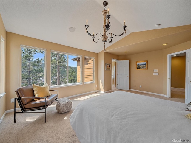 3173 Gold Yarrow Ln, Evergreen, CO 80439 - bedroom with lofted ceiling, baseboards, carpet, and a chandelier