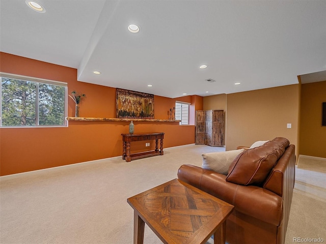 3173 Gold Yarrow Ln, Evergreen, CO 80439 - living area featuring light carpet, baseboards, visible vents, and recessed lighting
