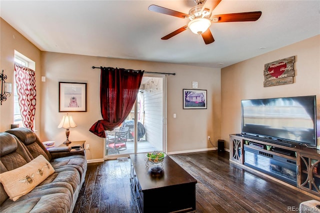 25120 E Maple Pl, Aurora, CO 80018 - living area with hardwood / wood-style floors, a ceiling fan, and baseboards