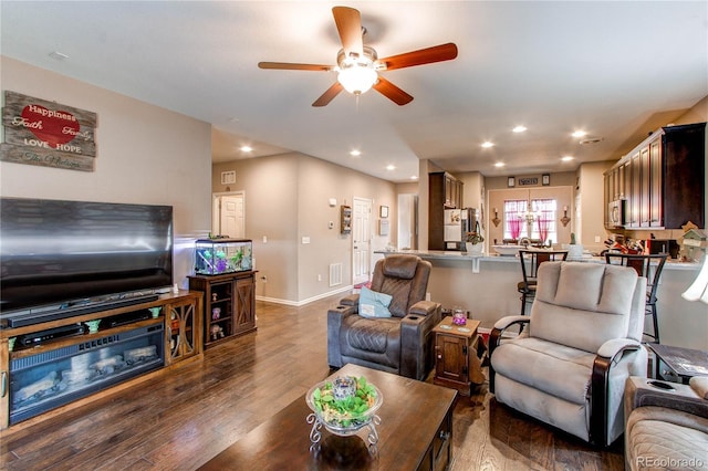 25120 E Maple Pl, Aurora, CO 80018 - living area with wood-type flooring, ceiling fan, recessed lighting, and baseboards