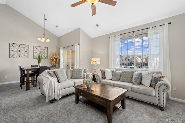 carpeted living area with visible vents, baseboards, and a healthy amount of sunlight