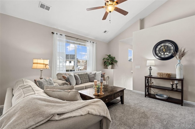 carpeted living room featuring ceiling fan, baseboards, high vaulted ceiling, and visible vents