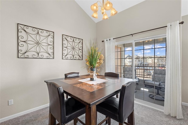 carpeted dining space with baseboards, an inviting chandelier, and high vaulted ceiling