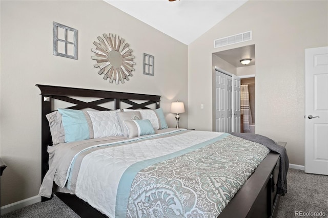 carpeted bedroom with baseboards, a closet, visible vents, and vaulted ceiling