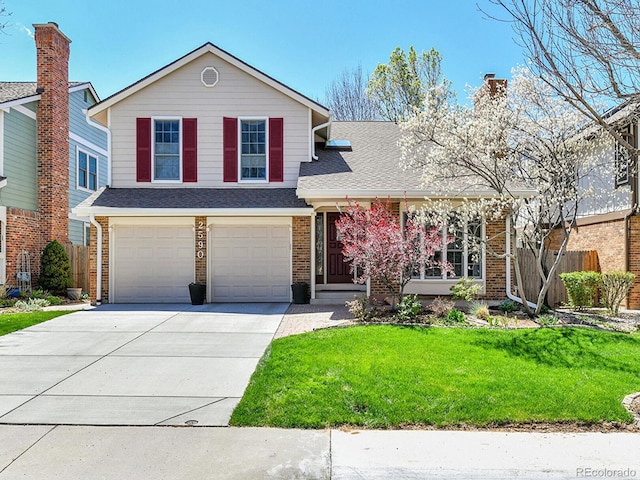 view of front of home with a shingled roof, an attached garage, a front lawn, brick siding, and driveway