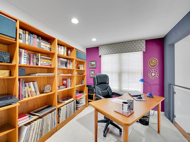 office featuring carpet flooring and recessed lighting