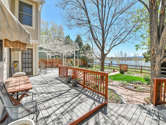 deck with a fenced backyard and a water view