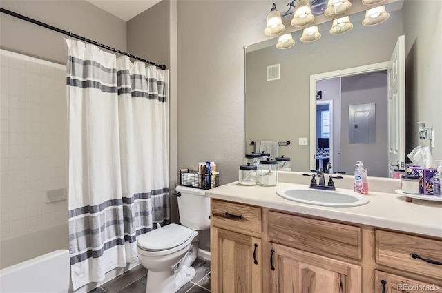 full bath featuring visible vents, vanity, shower / bath combination with curtain, toilet, and electric panel