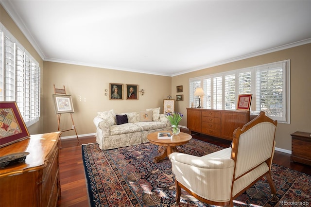 living room featuring plenty of natural light, crown molding, and dark hardwood / wood-style floors