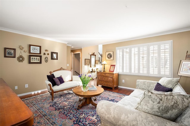 living room with crown molding and dark hardwood / wood-style floors