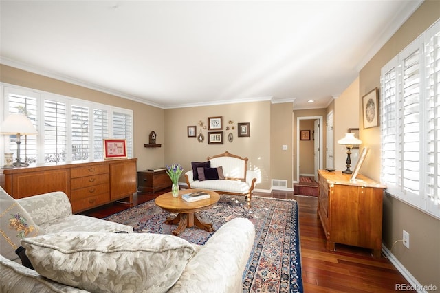 living room with ornamental molding and dark wood-type flooring