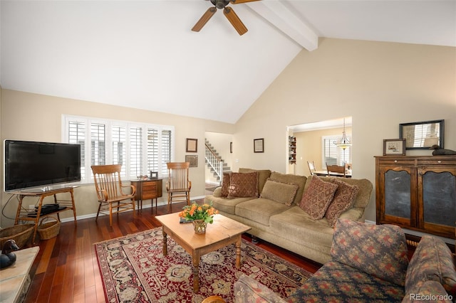 living room with beam ceiling, ceiling fan, high vaulted ceiling, and dark hardwood / wood-style floors