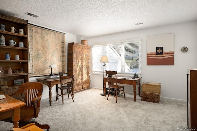 carpeted home office featuring a textured ceiling