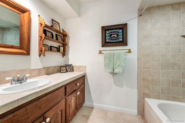 bathroom featuring shower / tub combination, tile patterned flooring, and vanity