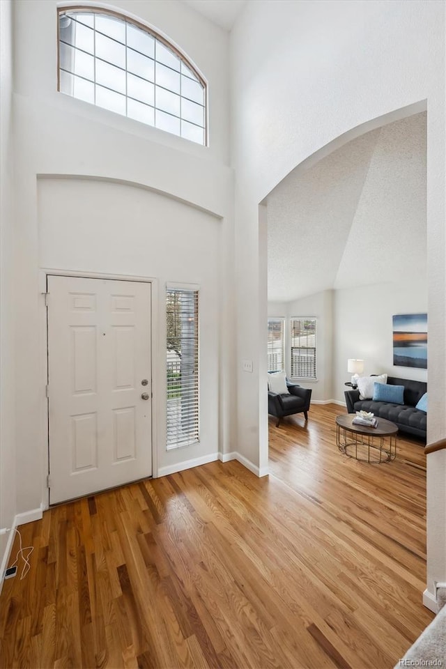 4290 Cottonwood Lakes Blvd, Thornton, CO 80241 - foyer with baseboards, arched walkways, a towering ceiling, and wood finished floors